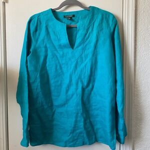 Lauren Ralph Lauren Womens Linen Top Teal Tunic Shirt Long Sleeve M